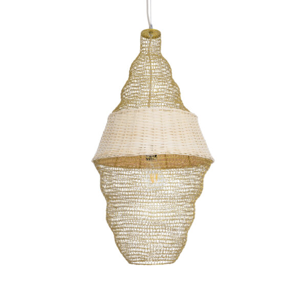 GloboStar® KENTUCKY 01910 Vintage Κρεμαστό Φωτιστικό Οροφής Μονόφωτο 1 x E27 AC220-240V IP20 – Φ40 x Υ80cm – Μπεζ Μεταλλικό με Μπαμπού Πλέγμα