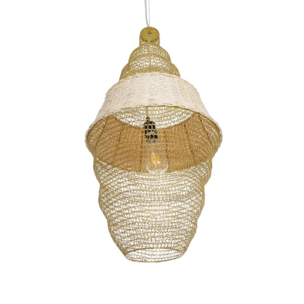 GloboStar® KENTUCKY 01910 Vintage Κρεμαστό Φωτιστικό Οροφής Μονόφωτο 1 x E27 AC220-240V IP20 – Φ40 x Υ80cm – Μπεζ Μεταλλικό με Μπαμπού Πλέγμα