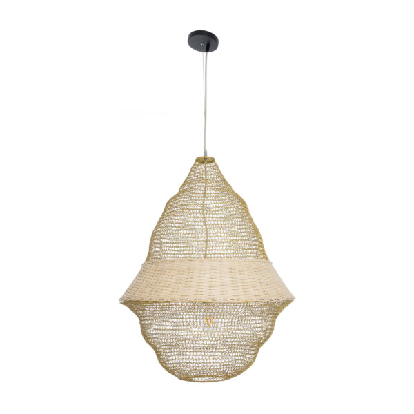 GloboStar® KENTUCKY 01911 Vintage Κρεμαστό Φωτιστικό Οροφής Μονόφωτο 1 x E27 AC220-240V IP20 – Φ60 x Υ80cm – Μπεζ Μεταλλικό με Μπαμπού Πλέγμα