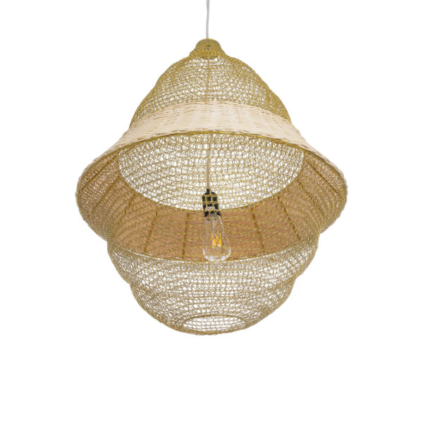 GloboStar® KENTUCKY 01911 Vintage Κρεμαστό Φωτιστικό Οροφής Μονόφωτο 1 x E27 AC220-240V IP20 – Φ60 x Υ80cm – Μπεζ Μεταλλικό με Μπαμπού Πλέγμα