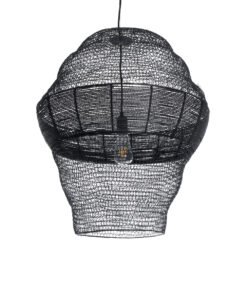 GloboStar® KENTUCKY 01912 Vintage Κρεμαστό Φωτιστικό Οροφής Μονόφωτο 1 x E27 AC220-240V IP20 – Φ60 x Υ70cm – Μαύρο Μεταλλικό με Μπαμπού Πλέγμα