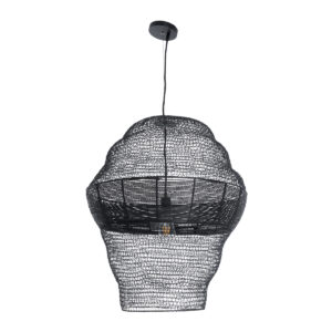 GloboStar® KENTUCKY 01912 Vintage Κρεμαστό Φωτιστικό Οροφής Μονόφωτο 1 x E27 AC220-240V IP20 – Φ60 x Υ70cm – Μαύρο Μεταλλικό με Μπαμπού Πλέγμα