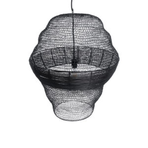 GloboStar® KENTUCKY 01912 Vintage Κρεμαστό Φωτιστικό Οροφής Μονόφωτο 1 x E27 AC220-240V IP20 – Φ60 x Υ70cm – Μαύρο Μεταλλικό με Μπαμπού Πλέγμα