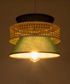 GloboStar® SAIGE 01915 Boho Κρεμαστό Φωτιστικό Οροφής Μονόφωτο 1 x E27 AC220-240V IP20 – Φ30 x Υ22cm – Μπεζ Μπαμπού Πλέγμα με Πράσινο και Μαύρο Υφασμάτινο Καπέλο – 5 Χρόνια Εγγύηση