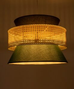 GloboStar® SAIGE 01916 Boho Κρεμαστό Φωτιστικό Οροφής Μονόφωτο 1 x E27 AC220-240V IP20 – Φ50 x Υ36cm – Μπεζ Μπαμπού Πλέγμα με Πράσινο και Μαύρο Υφασμάτινο Καπέλο – 5 Χρόνια Εγγύηση