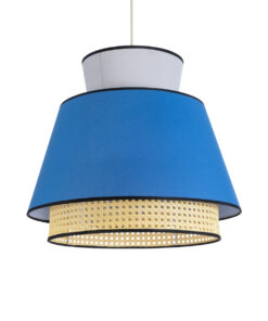 GloboStar® SAIGE 01918 Boho Κρεμαστό Φωτιστικό Οροφής Μονόφωτο 1 x E27 AC220-240V IP20 – Φ50 x Υ45cm – Μπεζ Μπαμπού Πλέγμα με Μπλε και Γκρι Υφασμάτινο Καπέλο