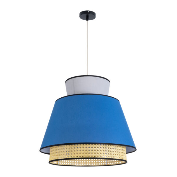 GloboStar® SAIGE 01918 Boho Κρεμαστό Φωτιστικό Οροφής Μονόφωτο 1 x E27 AC220-240V IP20 – Φ50 x Υ45cm – Μπεζ Μπαμπού Πλέγμα με Μπλε και Γκρι Υφασμάτινο Καπέλο