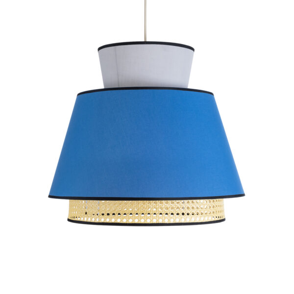 GloboStar® SAIGE 01918 Boho Κρεμαστό Φωτιστικό Οροφής Μονόφωτο 1 x E27 AC220-240V IP20 – Φ50 x Υ45cm – Μπεζ Μπαμπού Πλέγμα με Μπλε και Γκρι Υφασμάτινο Καπέλο