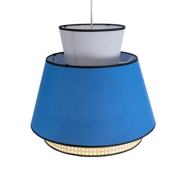 GloboStar® SAIGE 01918 Boho Κρεμαστό Φωτιστικό Οροφής Μονόφωτο 1 x E27 AC220-240V IP20 – Φ50 x Υ45cm – Μπεζ Μπαμπού Πλέγμα με Μπλε και Γκρι Υφασμάτινο Καπέλο
