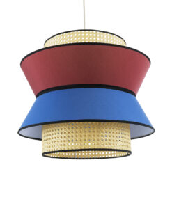 GloboStar® SAIGE 01919 Boho Κρεμαστό Φωτιστικό Οροφής Μονόφωτο 1 x E27 AC220-240V IP20 – Φ50 x Υ43cm – Μπεζ Μπαμπού Πλέγμα με Κόκκινο και Μπλε Υφασμάτινο Καπέλο