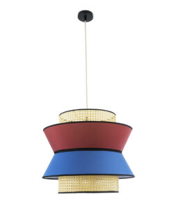 GloboStar® SAIGE 01919 Boho Κρεμαστό Φωτιστικό Οροφής Μονόφωτο 1 x E27 AC220-240V IP20 – Φ50 x Υ43cm – Μπεζ Μπαμπού Πλέγμα με Κόκκινο και Μπλε Υφασμάτινο Καπέλο