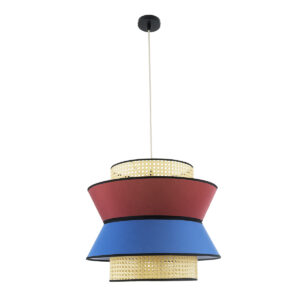 GloboStar® SAIGE 01919 Boho Κρεμαστό Φωτιστικό Οροφής Μονόφωτο 1 x E27 AC220-240V IP20 – Φ50 x Υ43cm – Μπεζ Μπαμπού Πλέγμα με Κόκκινο και Μπλε Υφασμάτινο Καπέλο