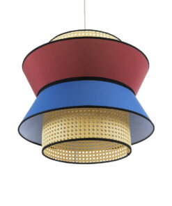 GloboStar® SAIGE 01919 Boho Κρεμαστό Φωτιστικό Οροφής Μονόφωτο 1 x E27 AC220-240V IP20 – Φ50 x Υ43cm – Μπεζ Μπαμπού Πλέγμα με Κόκκινο και Μπλε Υφασμάτινο Καπέλο