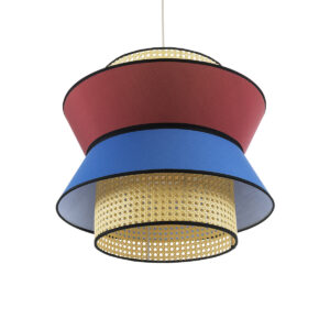 GloboStar® SAIGE 01919 Boho Κρεμαστό Φωτιστικό Οροφής Μονόφωτο 1 x E27 AC220-240V IP20 – Φ50 x Υ43cm – Μπεζ Μπαμπού Πλέγμα με Κόκκινο και Μπλε Υφασμάτινο Καπέλο