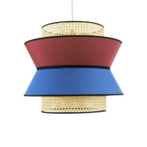 GloboStar® SAIGE 01919 Boho Κρεμαστό Φωτιστικό Οροφής Μονόφωτο 1 x E27 AC220-240V IP20 – Φ50 x Υ43cm – Μπεζ Μπαμπού Πλέγμα με Κόκκινο και Μπλε Υφασμάτινο Καπέλο