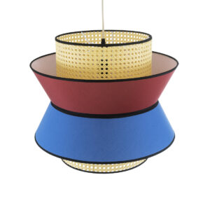 GloboStar® SAIGE 01919 Boho Κρεμαστό Φωτιστικό Οροφής Μονόφωτο 1 x E27 AC220-240V IP20 – Φ50 x Υ43cm – Μπεζ Μπαμπού Πλέγμα με Κόκκινο και Μπλε Υφασμάτινο Καπέλο