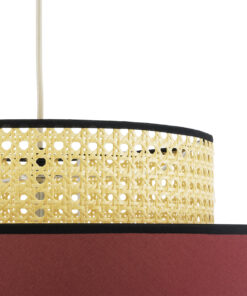 GloboStar® SAIGE 01919 Boho Κρεμαστό Φωτιστικό Οροφής Μονόφωτο 1 x E27 AC220-240V IP20 – Φ50 x Υ43cm – Μπεζ Μπαμπού Πλέγμα με Κόκκινο και Μπλε Υφασμάτινο Καπέλο