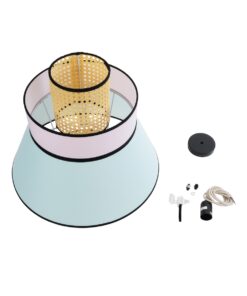 GloboStar® SAIGE 01920 Boho Κρεμαστό Φωτιστικό Οροφής Μονόφωτο 1 x E27 AC220-240V IP20 – Φ50 x Υ54cm – Μπεζ Ξύλινο με Ροζ Γαλάζιο και Μαύρες Λεπτομέρειες Πλέγμα – 5 Χρόνια Εγγύηση