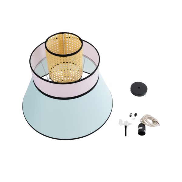 GloboStar® SAIGE 01920 Boho Κρεμαστό Φωτιστικό Οροφής Μονόφωτο 1 x E27 AC220-240V IP20 – Φ50 x Υ54cm – Μπεζ Ξύλινο με Ροζ Γαλάζιο και Μαύρες Λεπτομέρειες Πλέγμα – 5 Χρόνια Εγγύηση