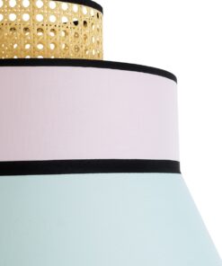 GloboStar® SAIGE 01920 Boho Κρεμαστό Φωτιστικό Οροφής Μονόφωτο 1 x E27 AC220-240V IP20 – Φ50 x Υ54cm – Μπεζ Ξύλινο με Ροζ Γαλάζιο και Μαύρες Λεπτομέρειες Πλέγμα – 5 Χρόνια Εγγύηση