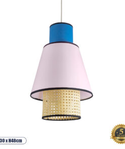 GloboStar® SAIGE 01921 Boho Κρεμαστό Φωτιστικό Οροφής Μονόφωτο 1 x E27 AC220-240V IP20 – Φ30 x Υ48cm – Μπεζ Μπαμπού Πλέγμα με Ροζ και Μπλε Υφασμάτινο Καπέλο – 5 Χρόνια Εγγύηση