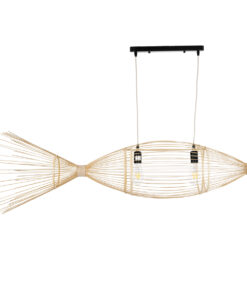 GloboStar® FISH 01927 Μοντέρνο Κρεμαστό Φωτιστικό Οροφής 2 x E27 AC 220-240V IP20 – Μ130 x Π42 x Υ42cm – Μπεζ Ξύλινο Πλέγμα