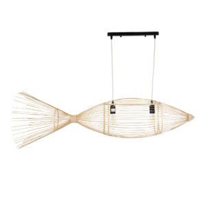 GloboStar® FISH 01927 Μοντέρνο Κρεμαστό Φωτιστικό Οροφής 2 x E27 AC 220-240V IP20 – Μ130 x Π42 x Υ42cm – Μπεζ Ξύλινο Πλέγμα
