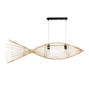 GloboStar® FISH 01927 Μοντέρνο Κρεμαστό Φωτιστικό Οροφής 2 x E27 AC 220-240V IP20 – Μ130 x Π42 x Υ42cm – Μπεζ Ξύλινο Πλέγμα