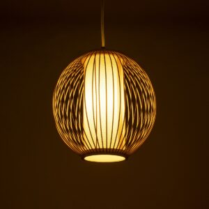 GloboStar® SUNFLOWER 01934 Boho Κρεμαστό Φωτιστικό Οροφής Μονόφωτο 1 x E27 AC220-240V IP20 – Φ28 x Υ28cm – Μπεζ Ξύλινο Πλέγμα – 5 Years Warranty