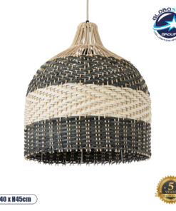 GloboStar® BARBADOS 01944 Boho Κρεμαστό Φωτιστικό Οροφής Μονόφωτο 1 x E27 AC220-240V IP20 – Φ40 x Υ45cm – Μπεζ – Χακί Ξύλινο Πλέγμα Καμπάνα – 5 Χρόνια Εγγύηση