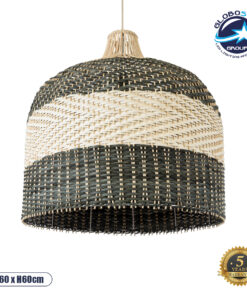 GloboStar® BARBADOS 01945 Boho Κρεμαστό Φωτιστικό Οροφής Μονόφωτο 1 x E27 AC220-240V IP20 – Φ60 x Υ60cm – Μπεζ – Χακί Ξύλινο Πλέγμα Καμπάνα – 5 Χρόνια Εγγύηση