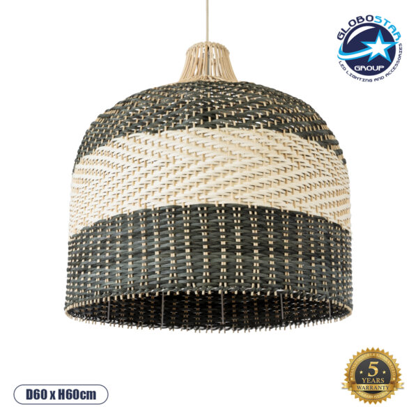 GloboStar® BARBADOS 01945 Boho Κρεμαστό Φωτιστικό Οροφής Μονόφωτο 1 x E27 AC220-240V IP20 - Φ60 x Υ60cm - Μπεζ - Χακί Ξύλινο Πλέγμα Καμπάνα - 5 Χρόνια Εγγύηση