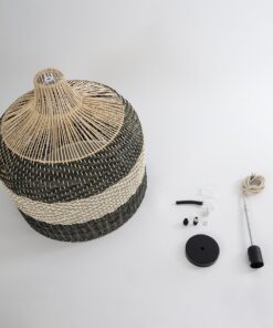 GloboStar® BARBADOS 01945 Boho Κρεμαστό Φωτιστικό Οροφής Μονόφωτο 1 x E27 AC220-240V IP20 – Φ60 x Υ60cm – Μπεζ – Χακί Ξύλινο Πλέγμα Καμπάνα – 5 Χρόνια Εγγύηση