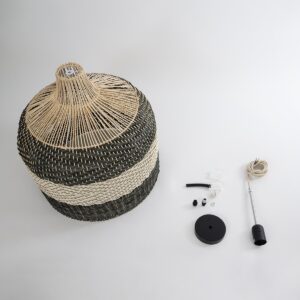 GloboStar® BARBADOS 01945 Boho Κρεμαστό Φωτιστικό Οροφής Μονόφωτο 1 x E27 AC220-240V IP20 – Φ60 x Υ60cm – Μπεζ – Χακί Ξύλινο Πλέγμα Καμπάνα – 5 Χρόνια Εγγύηση