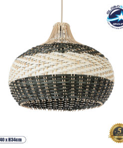 GloboStar® BARBADOS 01946 Boho Κρεμαστό Φωτιστικό Οροφής Μονόφωτο 1 x E27 AC220-240V IP20 – Φ40 x Υ34cm – Μπεζ – Χακί Ξύλινο Πλέγμα Καμπάνα – 5 Χρόνια Εγγύηση