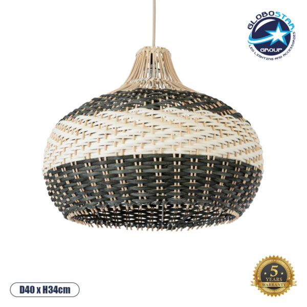 GloboStar® BARBADOS 01946 Boho Κρεμαστό Φωτιστικό Οροφής Μονόφωτο 1 x E27 AC220-240V IP20 - Φ40 x Υ34cm - Μπεζ - Χακί Ξύλινο Πλέγμα Καμπάνα - 5 Χρόνια Εγγύηση