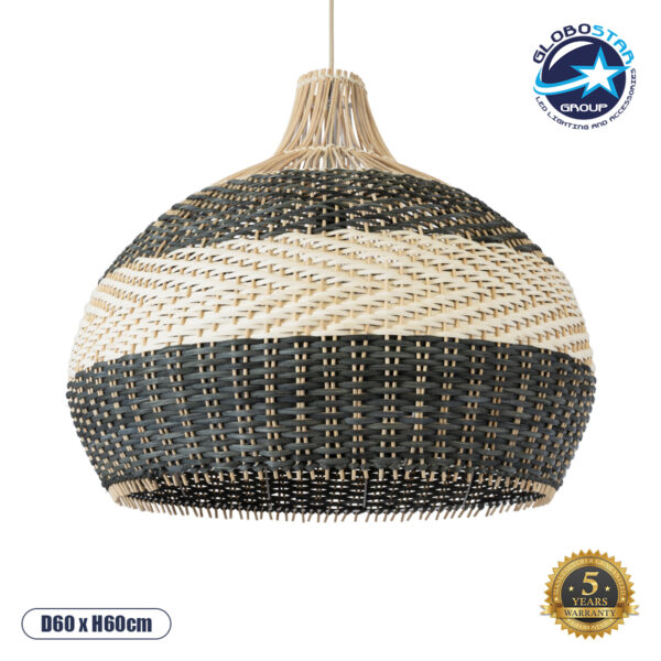 GloboStar® BARBADOS 01947 Boho Κρεμαστό Φωτιστικό Οροφής Μονόφωτο 1 x E27 AC220-240V IP20 - Φ60 x Υ60cm - Μπεζ - Χακί Ξύλινο Πλέγμα Καμπάνα - 5 Χρόνια Εγγύηση