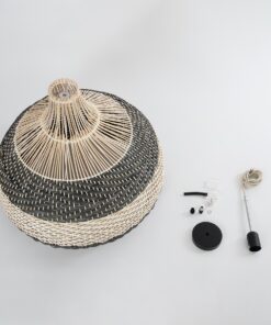 GloboStar® BARBADOS 01947 Boho Κρεμαστό Φωτιστικό Οροφής Μονόφωτο 1 x E27 AC220-240V IP20 – Φ60 x Υ60cm – Μπεζ – Χακί Ξύλινο Πλέγμα Καμπάνα – 5 Χρόνια Εγγύηση