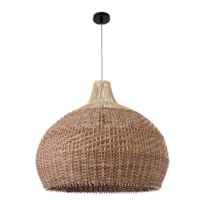 GloboStar® PANAMA 01953 Boho Κρεμαστό Φωτιστικό Οροφής Μονόφωτο 1 x E27 AC220-240V IP20 – Φ60 x Υ60cm – Μπεζ – Καφέ Ξύλινο Πλέγμα Καμπάνα – 5 Χρόνια Εγγύηση