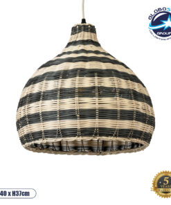 GloboStar® JAMAICA 01954 Boho Κρεμαστό Φωτιστικό Οροφής Μονόφωτο 1 x E27 AC220-240V IP20 – Φ40 x Υ37cm – Μπεζ – Χακί Ξύλινο Πλέγμα Καμπάνα – 5 Χρόνια Εγγύηση