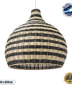 GloboStar® JAMAICA 01955 Boho Κρεμαστό Φωτιστικό Οροφής Μονόφωτο 1 x E27 AC220-240V IP20 – Φ60 x Υ60cm – Μπεζ – Χακί Ξύλινο Πλέγμα Καμπάνα – 5 Χρόνια Εγγύηση