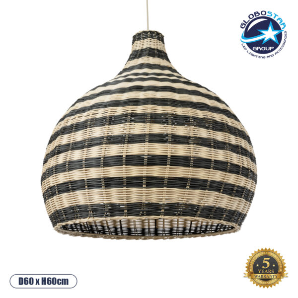 GloboStar® JAMAICA 01955 Boho Κρεμαστό Φωτιστικό Οροφής Μονόφωτο 1 x E27 AC220-240V IP20 - Φ60 x Υ60cm - Μπεζ - Χακί Ξύλινο Πλέγμα Καμπάνα - 5 Χρόνια Εγγύηση