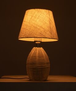 GloboStar® HASUMI 01956 Boho Επιτραπέζιο Φωτιστικό Πορτατίφ Μονόφωτο 1 x E27 AC220-240V IP20 – Φ23 x Υ40cm – Μπεζ Ξύλινο Ρατάν Πλέγμα με Μπεζ Καπέλο – 5 Χρόνια Εγγύηση