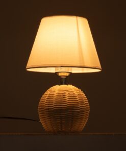 GloboStar® HASUMI 01957 Boho Επιτραπέζιο Φωτιστικό Πορτατίφ Μονόφωτο 1 x E27 AC220-240V IP20 – Φ19 x Υ30cm – Μπεζ Ξύλινο Ρατάν Πλέγμα με Λευκό Καπέλο – 5 Χρόνια Εγγύηση