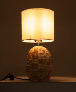 GloboStar® HASUMI 01958 Boho Επιτραπέζιο Φωτιστικό Πορτατίφ Μονόφωτο 1 x E27 AC220-240V IP20 – Φ18 x Υ36cm – Μπεζ Ξύλινο Ρατάν Πλέγμα με Λευκό Καπέλο – 5 Χρόνια Εγγύηση