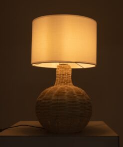 GloboStar® HASUMI 01959 Boho Επιτραπέζιο Φωτιστικό Πορτατίφ Μονόφωτο 1 x E27 AC220-240V IP20 – Φ30 x Υ50cm – Μπεζ Ξύλινο Ρατάν Πλέγμα με Λευκό Καπέλο – 5 Χρόνια Εγγύηση