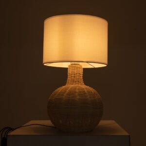 GloboStar® HASUMI 01959 Boho Επιτραπέζιο Φωτιστικό Πορτατίφ Μονόφωτο 1 x E27 AC220-240V IP20 – Φ30 x Υ50cm – Μπεζ Ξύλινο Ρατάν Πλέγμα με Λευκό Καπέλο – 5 Χρόνια Εγγύηση