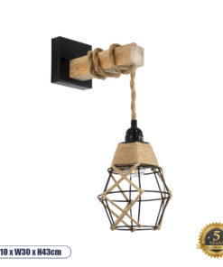 GloboStar® BELLARIVA 01961 Boho Φωτιστικό Τοίχου – Απλίκα Μονόφωτο 1 x E27 AC 220-240V IP20 – Μ10 x Π30 x Υ43cm – Μαύρο Μεταλλικό με Ξύλο και Μπεζ Σχοινί Πλεγμα – 5 Χρόνια Εγγύηση