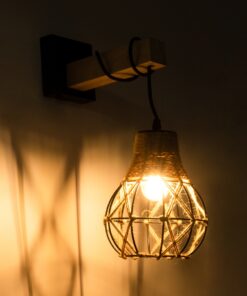 GloboStar® BELLARIVA 01962 Boho Φωτιστικό Τοίχου – Απλίκα Μονόφωτο 1 x E27 AC 220-240V IP20 – Μ10 x Π26 x Υ40cm – Μαύρο Μεταλλικό με Ξύλο και Μπεζ Σχοινί Πλεγμα – 5 Χρόνια Εγγύηση