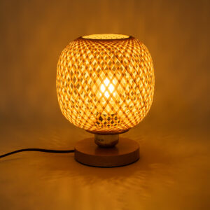 GloboStar® KERRY 01981 Μοντέρνο Επιτραπέζιο Φωτιστικό Πορτατίφ Μονόφωτο 1 x E27 AC220-240V IP20 – Φ18 x Υ25cm – Μπεζ Ξύλινο Μπαμπού Πλέγμα